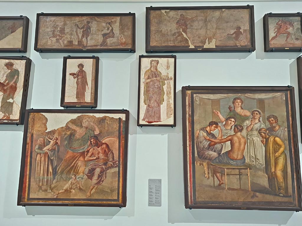 Herculaneum Augusteum. April 2023. Paintings on upper row – 9522, 9007, and 9006, top right.
Paintings on middle row – 9374 and 8949 and 8903.
Paintings on lower row – 9012 and 9027.
On display in “Campania Romana” gallery in Naples Archaeological Museum.  Photo courtesy of Giuseppe Ciaramella.
