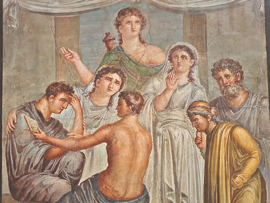 Herculaneum Augusteum. April 2023. Detail from painting showing Admetus and Alcestis, inv. 9027. 
On display in “Campania Romana” gallery in Naples Archaeological Museum.  Photo courtesy of Giuseppe Ciaramella.

