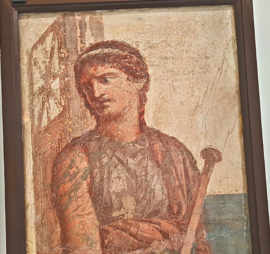 Herculaneum Augusteum. April 2023. Detail from painting of Medea, inv. 8976. 
On display in “Campania Romana” gallery in Naples Archaeological Museum.  Photo courtesy of Giuseppe Ciaramella.
