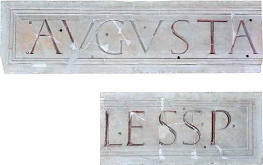 Herculaneum, Augusteum. Dedicatory inscription to the Augustales, found on 11.9.1741, over the second large niche of the left sidewall.
Augustales s(ua). p(ecunia)      [CIL X 977]
Now in Naples Archaeological Museum. Inventory number 3839.
See http://arachne.uni-koeln.de/item/objekt/36466
