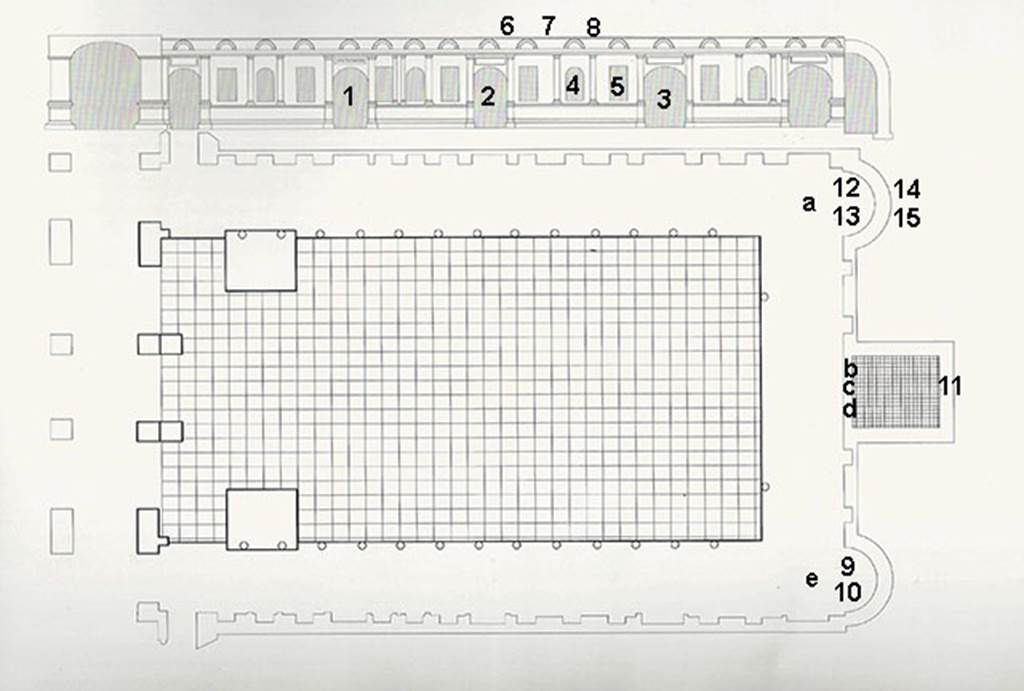 Herculaneum Augusteum. Plan showing location of some statues and frescoes in the north-west apse, top right on this plan.
12: The musical education of Achilles by Chiron (MANN 9109).
13: The recognising of Telephus by Hercules (MANN 9008). 
14: Architectural scene with caryatids and eagle (MANN 9825)
15: Architectural scene (MANN 8534) 
a: In front of these was a bronze statue of Claudius in heroic nude (MANN 5593)
See Guidobaldi, M.P. and Esposito D., 2013. Herculaneum: Art of a Buried City. New York: Abbeville Press, p. 341.
See Esposito D., 2014. La Pittura di Ercolano. Roma: L’Erma di Bretschneider, Tav 15.
