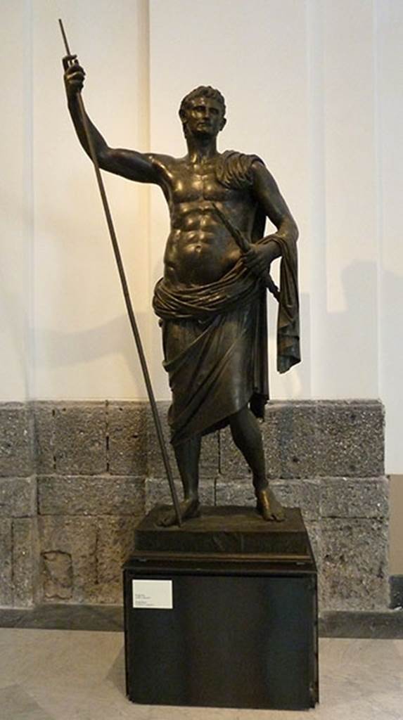 Herculaneum Augusteum. Found 17.7.1741 in front of left apse. Bronze statue of Augustus. 
Now in Naples Archaeological Museum. Inventory number 5595.
