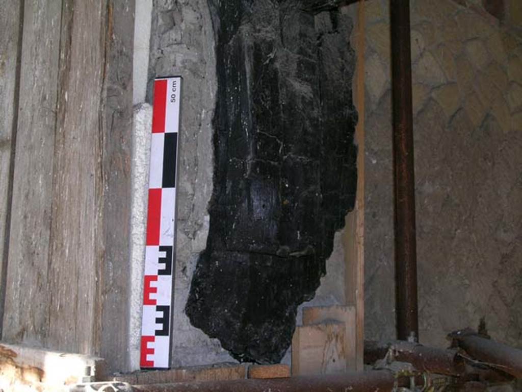 Decumanus Maximus, Herculaneum. May 2006. Detail of carbonised wood from west side of doorway numbered 4.
Photo courtesy of Nicolas Monteix.
