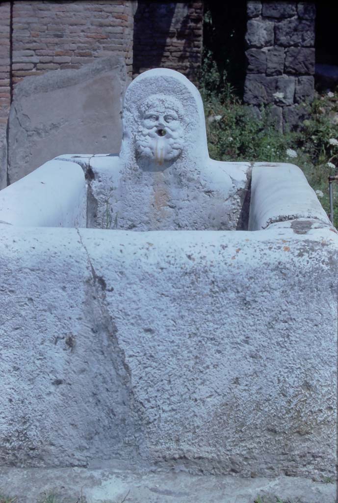Decumanus Maximus, Herculaneum, 7th August 1976. 
Looking north to fountain decorated with head of Hercules, at east end of the Decumanus Maximus.
Photo courtesy of Rick Bauer, from Dr George Fay’s slides collection.

