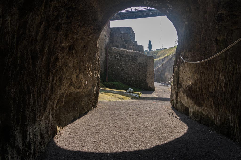 Herculaneum, October 2023. 
Looking east through Bourbon tunnel towards Insula II.1 and beachfront. Photo courtesy of Johannes Eber. 

