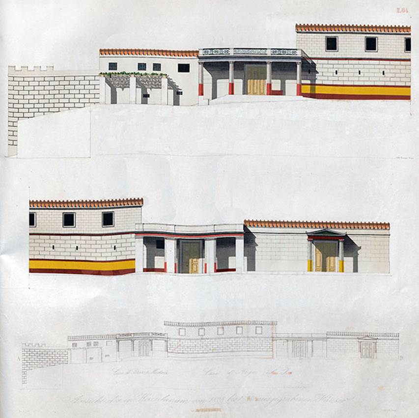II.2 Herculaneum,1842, drawing by Zahn. 
Street view of the exterior façade of the houses discovered between 1828 until 1838, (described as by the side of the sea, not far from the theatre).
II.1 is on the left in the top drawing, with terrace overlooking the sea, and doorway shaded by a roof held up by four columns;
II.2 is on the left of the middle drawing, with an upper floor overlooking the roadway and a doorway shaded by a roof supported by four pilasters;
On the right is II.3, with its doorway shaded by a roof supported by two columns.
The lowest drawing is a complete vista on the west side of Cardo III, from II.1 up until II.3.
See Zahn, W., 1842. Die schönsten Ornamente und merkwürdigsten Gemälde aus Pompeji, Herkulanum und Stabiae: II. Berlin: Reimer. (64).
“During the excavation there were still upper floors, whereas now there are only lower floors (other than some fragments of the upper) but one can see in several places the position of the beams of the planks for the upper floors, as well as the ceilings of the lower floors with their tiles. These Herculaneum wooden constructions, all charred, have been preserved, while those at Pompeii are destroyed. Wooden doors and other wooden structures have also been preserved in charcoal, so that the shapes are perfectly recognisable. The walls and columns are made of irregular stones, partly in brick and volcanic stones, partly in Opus reticulatum, stuccoed, and partly painted”.
