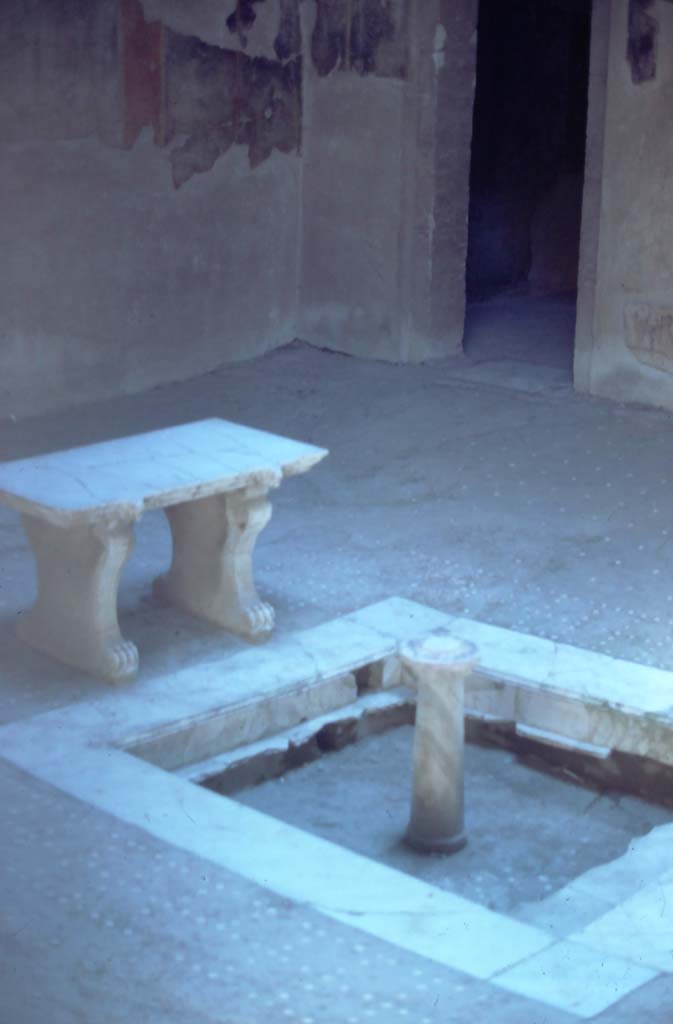 III.11 Herculaneum. 7th August 1976. Room 6, looking south-east across impluvium in atrium. 
Photo courtesy of Rick Bauer, from Dr George Fay’s slides collection.
