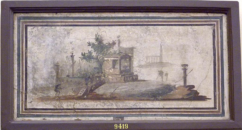 III.16, Herculaneum. Sacred landscape from upper or centre of south wall in corridor 6.  Now in Naples Archaeological Museum. Inventory number 9419, found 18th March 1763.
According to Guidobaldi and Esposito, two of these panels were painted on the upper walls in corridor 6.  The one above from the south wall was taken to the Naples Museum, the other left in situ on the north wall also depicted a sacred landscape.  This shows a few figures approaching a rural sanctuary with a small temple.  On the left of the temple is a circular tower, in front of the tower is a statue, perhaps Priapus.  On the left of the circular tower is a tree, and a pedestal with a metal vase on top.  A larger tree can be seen on the right of the painted panel.
See Guidobaldi, M.P. and Esposito, D. (2013). Herculaneum: Art of the Buried City. U.S.A, Abbeyville Press, (p.144, and fig.120).
See Esposito, D. (2014). La pittura di Ercolano, Studi della Soprintendenza di Pompei, 33. Rome, L’Erma di Bretschneider, (tav.41, fig.4 and fig.5).

 



