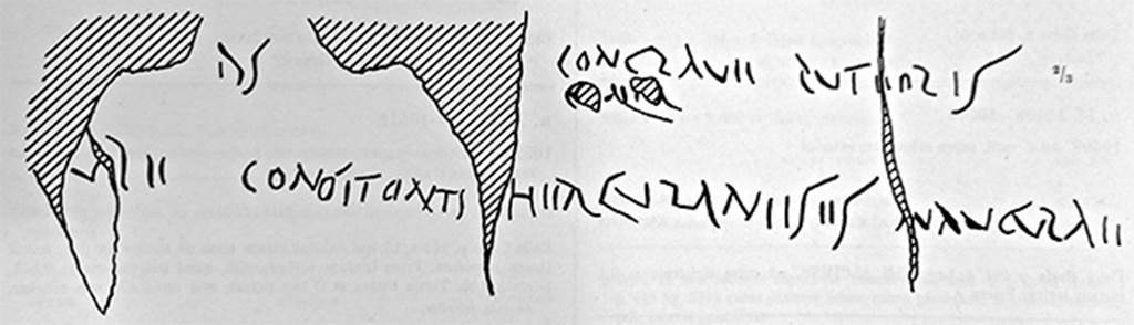 IV.8, Herculaneum, south wall of long corridor. Drawing of graffiti as recorded in CIL IV, 10520.
See Della Corte M., Cipriotti P., 1970. Corpus Inscriptionum Latinarum Vol. IV, Supp. 3, Pars. 3. Berlin: De Gruyter, p. 1116.

