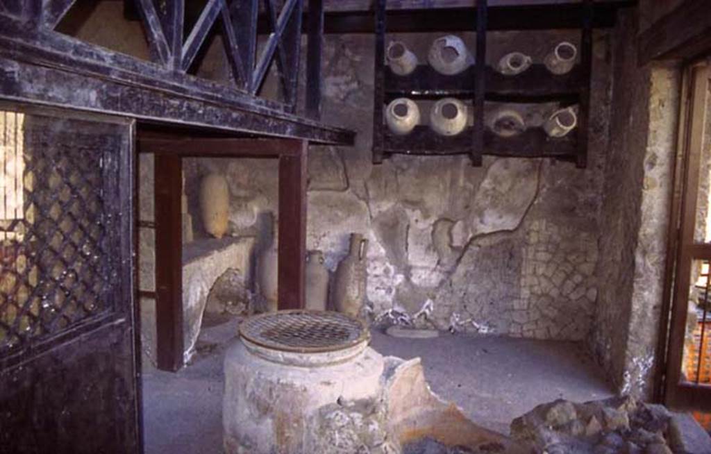 V.6, Herculaneum, Not dated. Looking across shop-room towards south wall with remains of painted decoration.
Photo courtesy of Nicolas Monteix.

