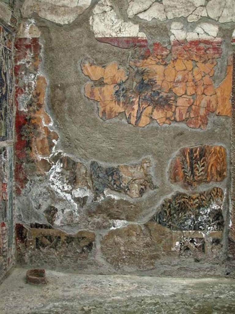 V.7, Herculaneum. September 2003. Remains of garden painting on north end of east wall of internal courtyard. Photo courtesy of Nicolas Monteix.
