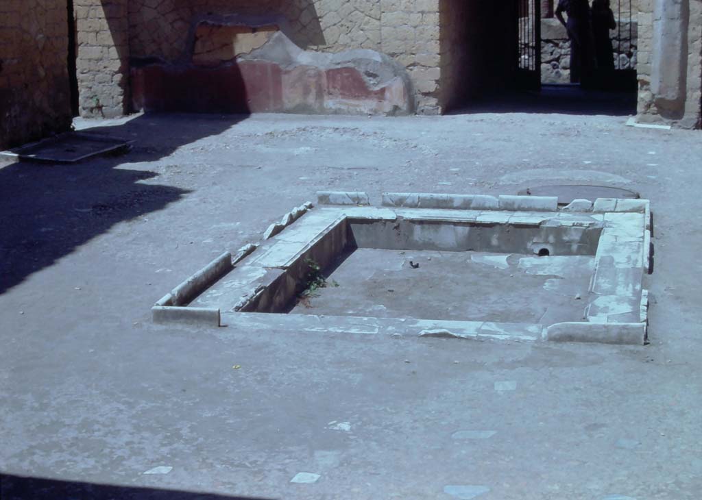V.7 Herculaneum. 7th August 1976. Looking west across impluvium in atrium. 
Photo courtesy of Rick Bauer, from Dr George Fay’s slides collection.

