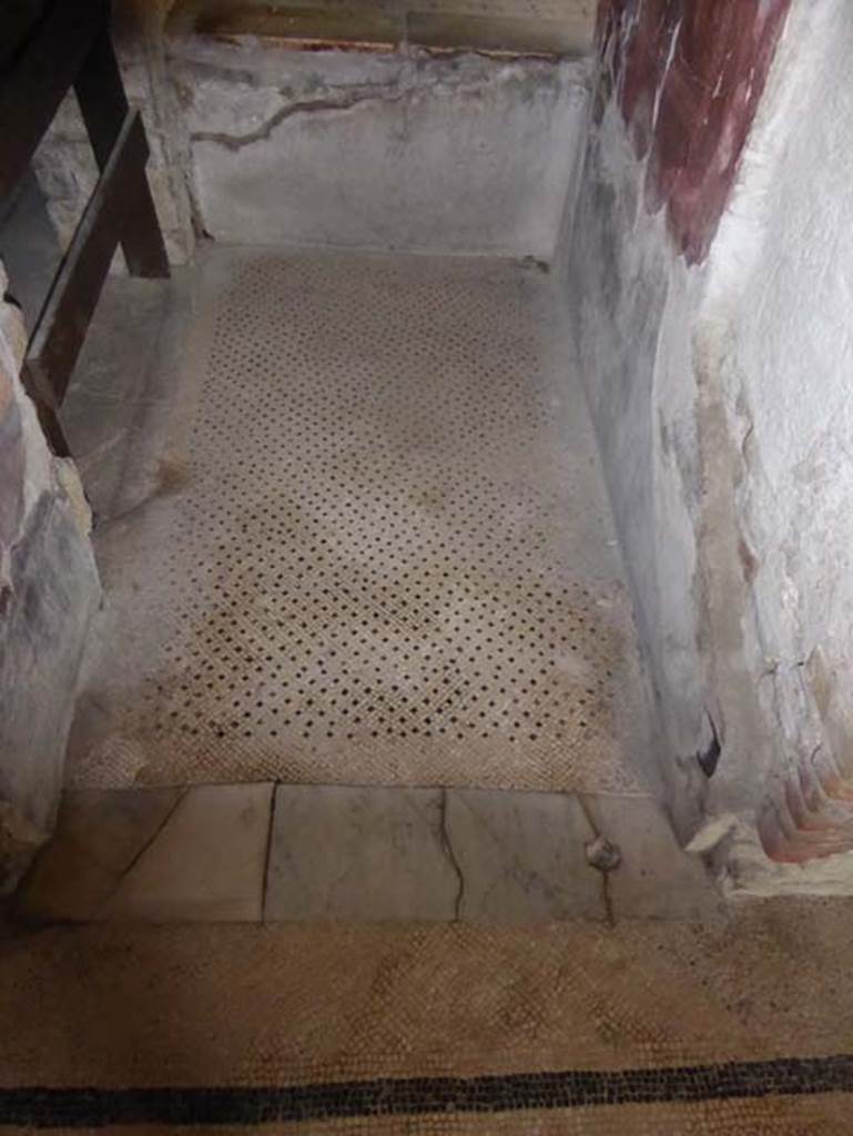 V.8 Herculaneum. October 2014. Room 1, flooring of small corridor on east side, with doorway to room 5, on left. 
The corridor is on the north side of the small tablinum, and looks onto the raised courtyard. Photo courtesy of Michael Binns.


