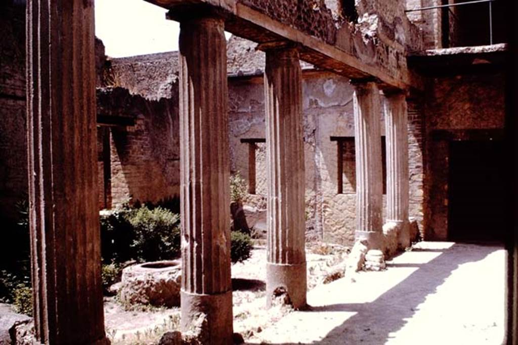 Ins. V.15 Herculaneum, House of Bicentenary, 1964. Looking west along the north portico, and doorway into the windowed portico. Photo by Stanley A. Jashemski.
Source: The Wilhelmina and Stanley A. Jashemski archive in the University of Maryland Library, Special Collections (See collection page) and made available under the Creative Commons Attribution-Non Commercial License v.4. See Licence and use details. J64f1159
This photo shows a portion of the upper floor, according to Deiss, the small window,  centre top right, was the area of the room with the so-called Christian oratory.
See Deiss, J.J. (1968). Herculaneum, a city returns to the sun. UK, The History Book Club, (photograph following on from page 64).

 
