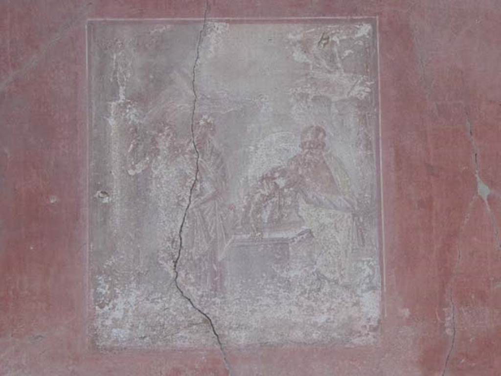 V. 35, Herculaneum, September 2015.   Triclinium 1, wall painting showing Silenus, seated between two satyrs, observing Ariadne and Dionysus, from centre panel of north wall.  Photo courtesy of Michael Binns.

