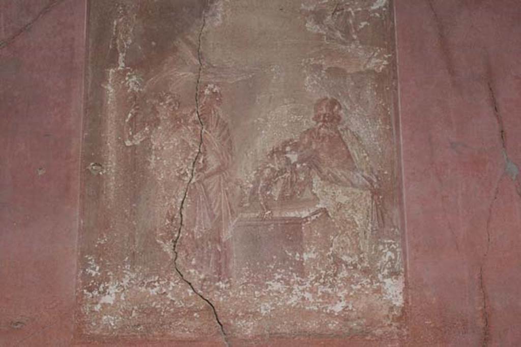 V. 35, Herculaneum, March 2008. 
Triclinium 1, wall painting showing Silenus, seated between two satyrs, observing Ariadne and Dionysus, from centre panel of north wall.
Photo courtesy of Sera Baker.
