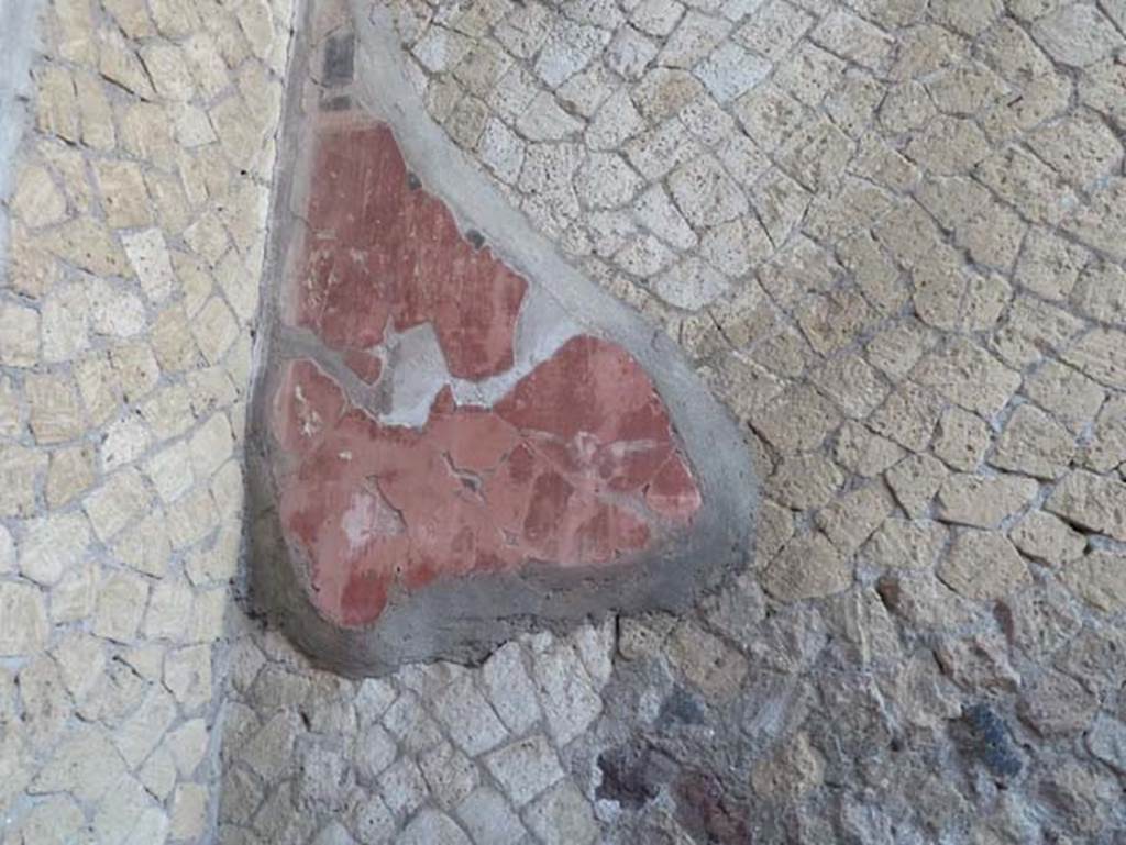 Ins. V 35, Herculaneum, September 2015. Triclinium 1, remains of painted plaster on east wall in north-east corner. 