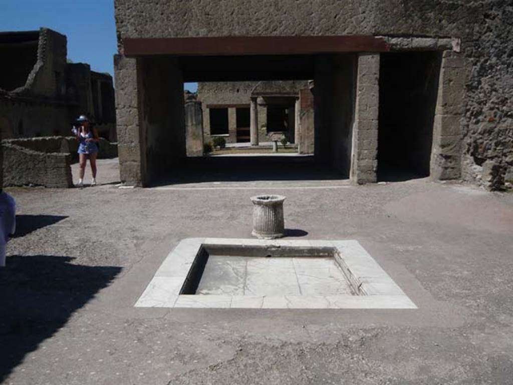 VI.13 Herculaneum. August 2013. Looking south across impluvium in atrium. Photo courtesy of Buzz Ferebee.
On the west side, right, of the tablinum is a corridor that although now blocked used to lead through to the peristyle.

