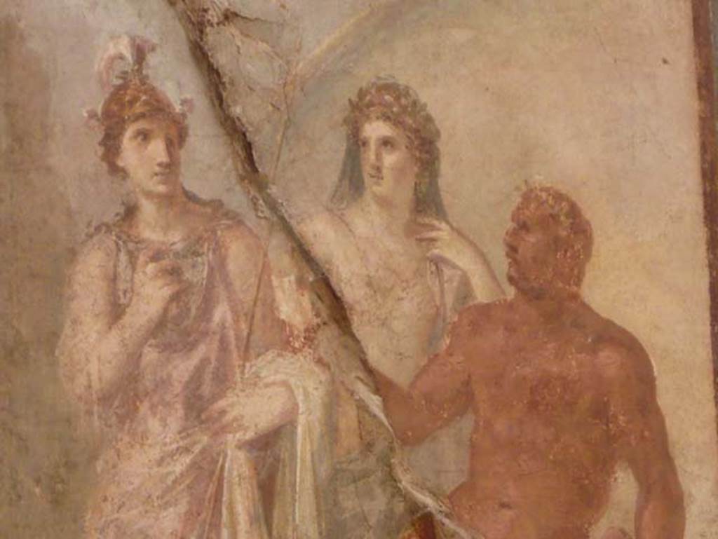 VI.21 Herculaneum. August 2013. Detail from wall painting on east wall. Wall painting of Hercules being welcomed to heaven by Minerva (on left with helmet) and Juno (on right). Photo courtesy of Buzz Ferebee.

