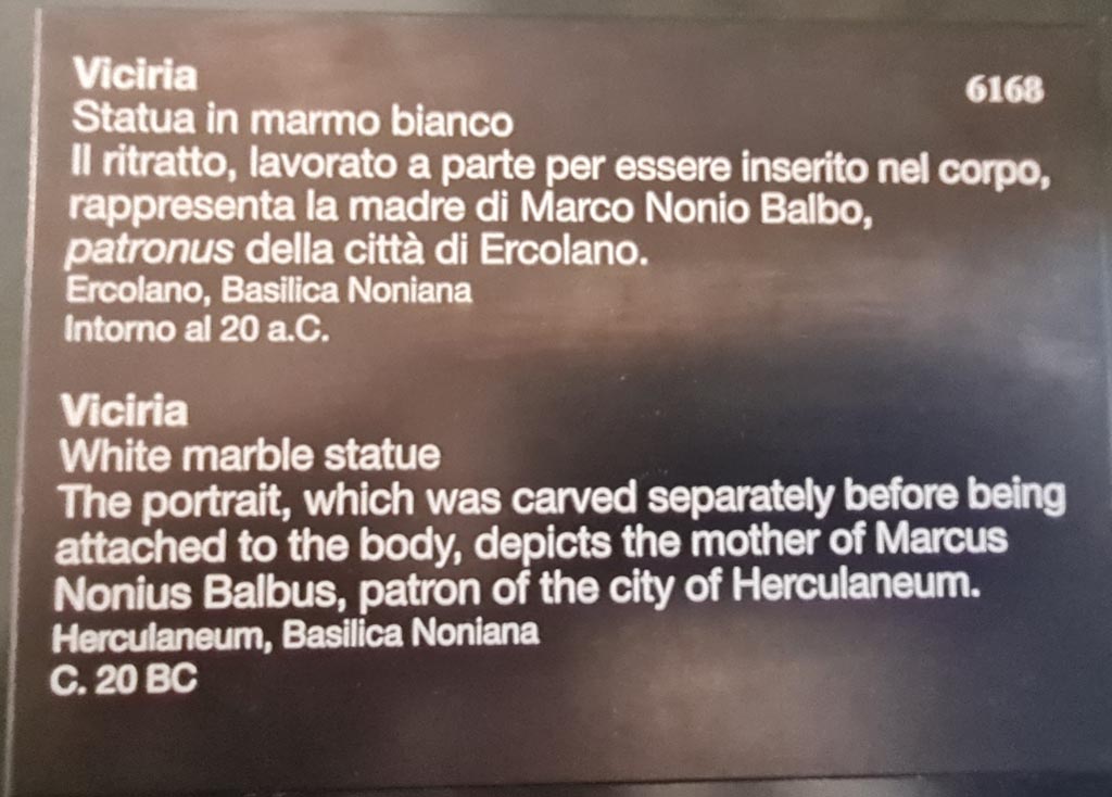Herculaneum, Basilica Noniana. April 2023. Descriptive card for statue of Viciria, inventory number 6168. Photo courtesy of Giuseppe Ciaramella.