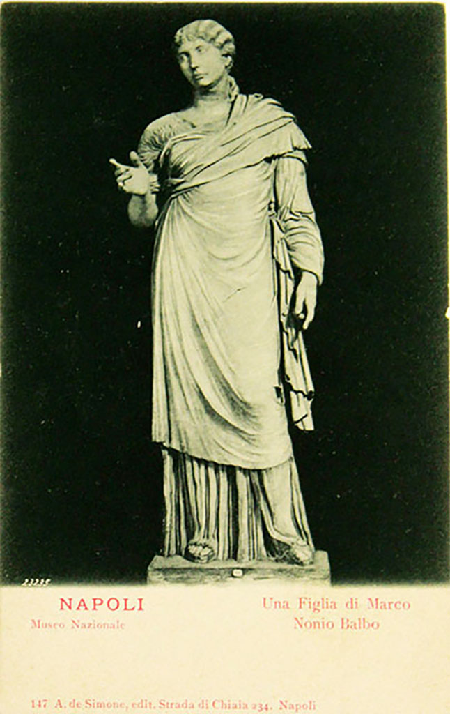 VII.16 Herculaneum. 
Old postcard by A. De Simone, number 147. Sister of M. Nonius Balbus, statue in Naples Museum.
Now in Naples Archaeological Museum. Inventory number 6248.

