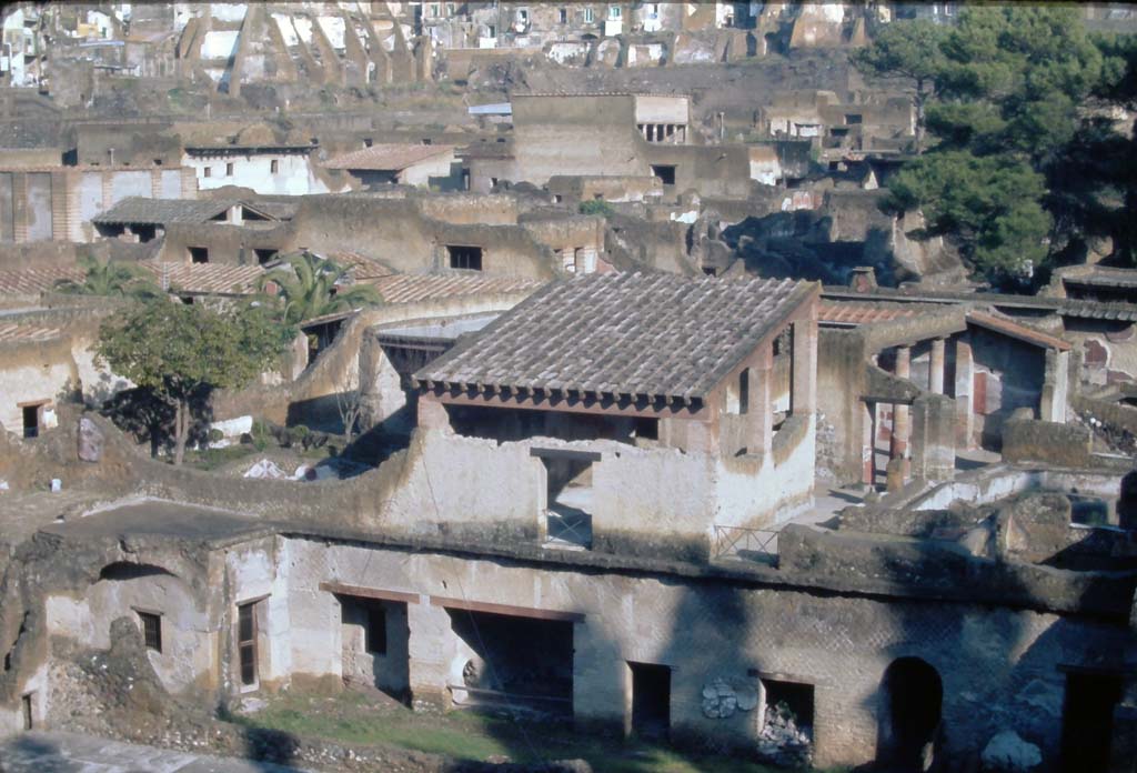 Ins. Orientalis I, 1, Herculaneum, 7th August 1976.
Looking north from access roadway towards the south end of the House of the Gem (upper floor). 
The doorways on the lower area are now regarded as part of Ins. Orientalis I, 1a. 
Photo courtesy of Rick Bauer, from Dr George Fay’s slides collection.


