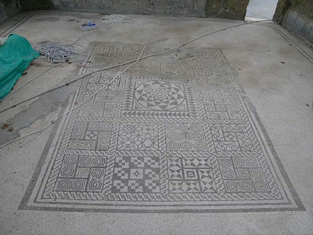 Ins. Orientalis I, 1, Herculaneum, May 2005. Room 6, the flooring in white mosaic with black stripes has at its centre a large rectangular panel divided into 20 squares of various and elegant geometric designs around a central decoration of a rose ornament. Photo courtesy of Nicolas Monteix.
