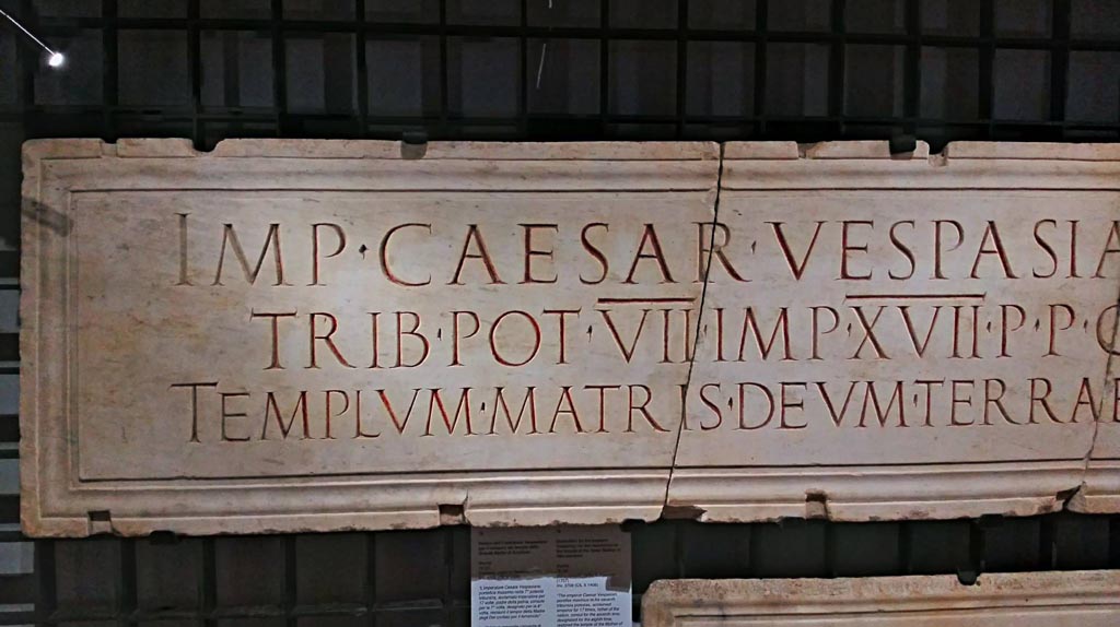 Cardo V, Herculaneum. 1757. Left side of marble plaque found near entrance to Palaestra on Cardo V. (CIL X 1406)
Now in Naples Archaeological Museum, inv. 3708.  Photo courtesy of Giuseppe Ciaramella, June 2017.
