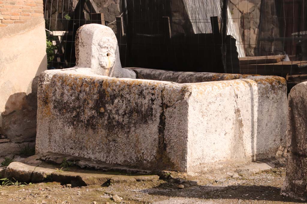 Decumanus Maximus, north side. October 2020.
Fountain decorated with head of Hercules, from near east end of Ins. V.  Photo courtesy of Klaus Heese.
