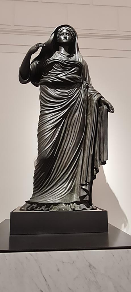 Herculaneum theatre. April 2023. 
Bronze statue of Agrippina, inv. 5612. Photo courtesy of Giuseppe Ciaramella.
