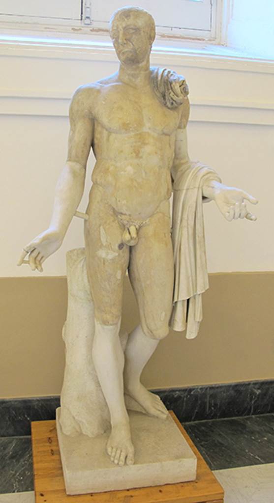 Herculaneum Theatre. 
Heroic nude statue in white marble with portrait head of M. Nonius Balbus (the so-called Maximinus).
Now in Naples Archaeological Museum. Inventory number 6102.
Photo courtesy Sailko via Wikimedia Commons, licence CC BY-SA 3.0
