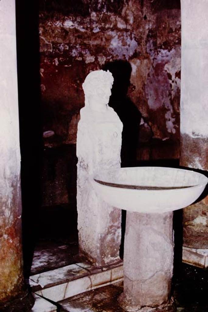 Fountain bust of Apollo, Suburban baths, Herculaneum. 1975. Looking north-east in atrium with fountain bust of Apollo and basin.
Photo by Stanley A. Jashemski.   
Source: The Wilhelmina and Stanley A. Jashemski archive in the University of Maryland Library, Special Collections (See collection page) and made available under the Creative Commons Attribution-Non-Commercial License v.4. See Licence and use details.
J75f0721
