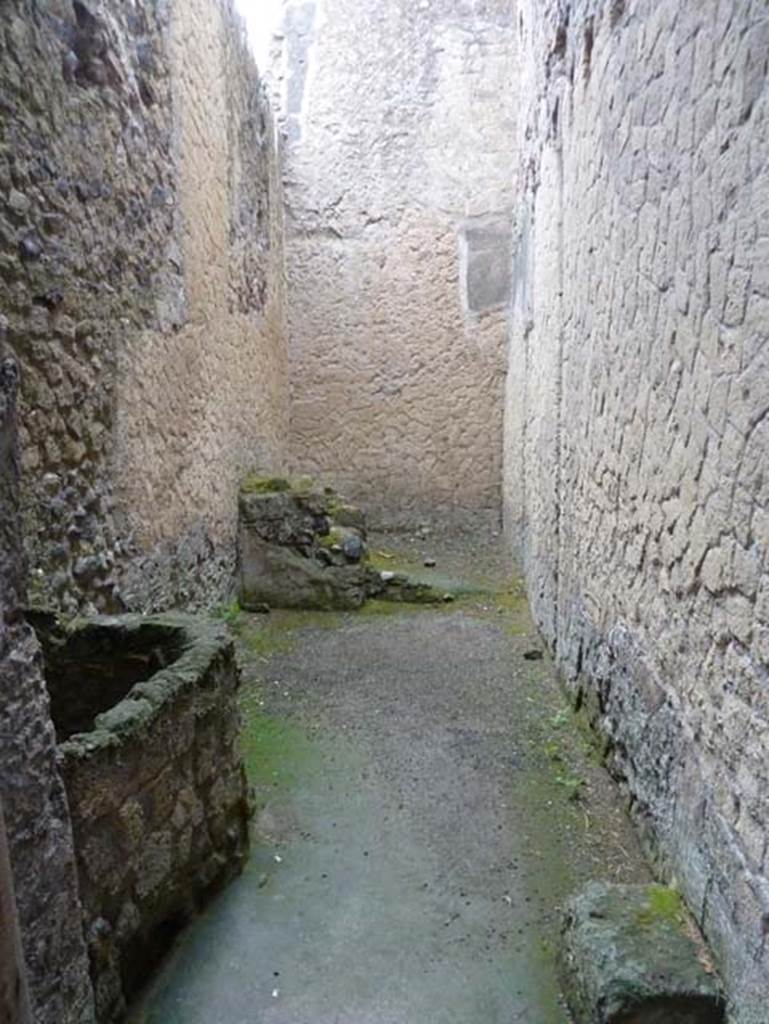 III 16, Herculaneum, September 2015. Room 5, looking west. In this room was the well which guaranteed the water supply of the dwelling, without a cistern below the impluvium.  At the rear, was the outline of the stairs for access to the rooms of the upper floor.
See Pesando, F. and Guidobaldi, M.P. (2006). Pompei, Oplontis, Ercolano, Stabiae. Editori Laterza, (p.328)
