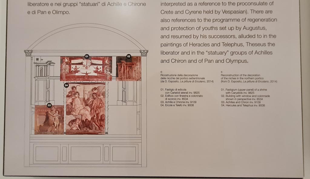 Herculaneum Augusteum. April 2023. 
Descriptive card with detail of a reconstruction of the niches in the northern portico. Photo courtesy of Giuseppe Ciaramella.
See D. Esposito. La pittura di Ercolano, 2014.
