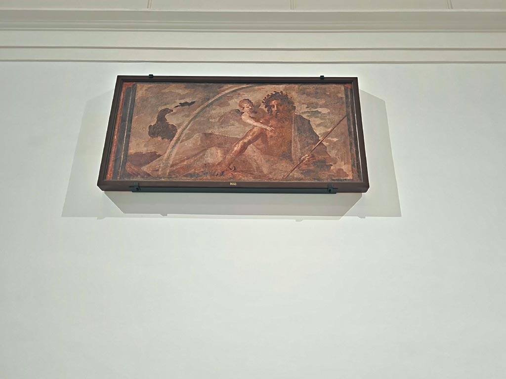 Herculaneum Augusteum. April 2023. Upper wall – Jupiter in the clouds, inv. 9553.  
On display in “Campania Romana” gallery in Naples Archaeological Museum.  Photo courtesy of Giuseppe Ciaramella.
