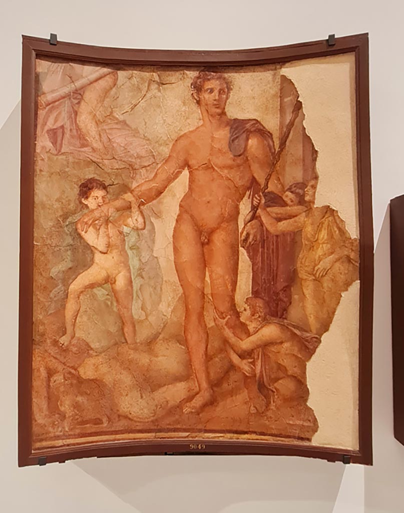 Herculaneum Augusteum. April 2023. Painting of Theseus the liberator, inv. 9049. 
On display in “Campania Romana” gallery in Naples Archaeological Museum.  Photo courtesy of Giuseppe Ciaramella.
