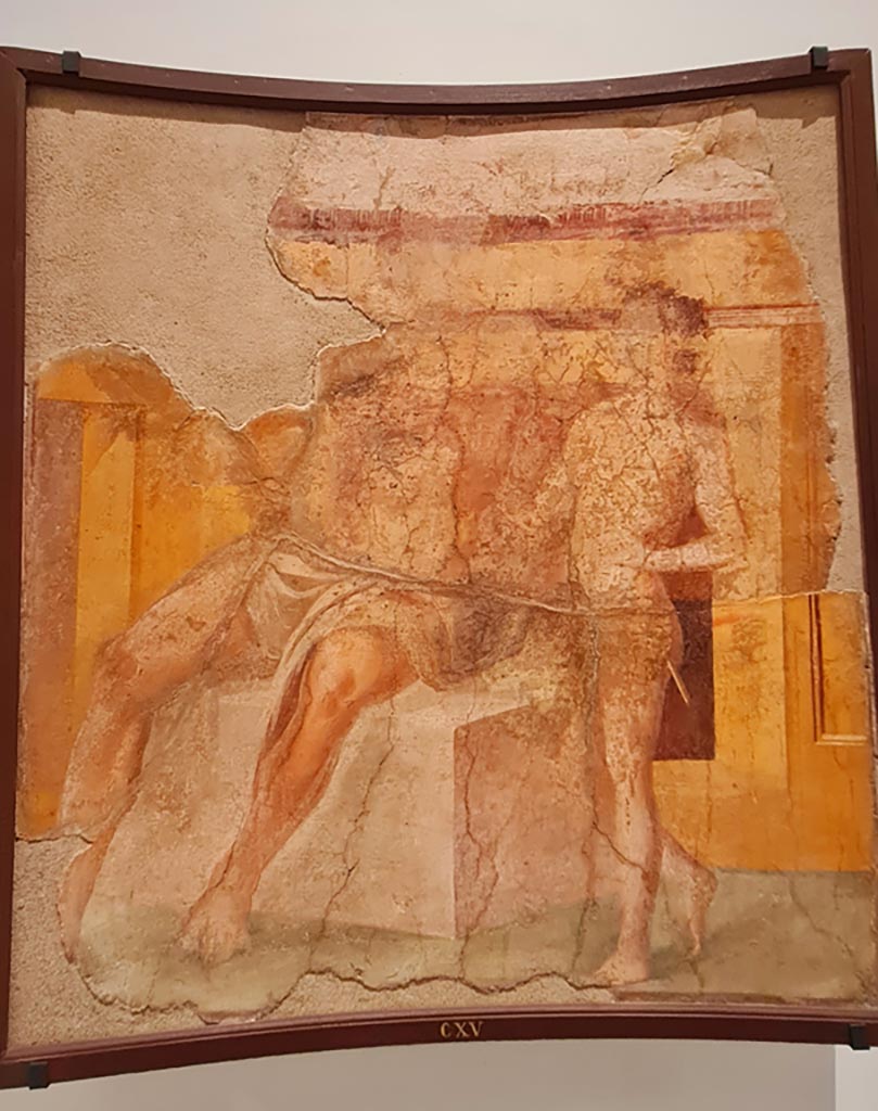 Herculaneum Augusteum. April 2023. Painting of Marsyas and Olympus, inv. CXV. 
On display in “Campania Romana” gallery in Naples Archaeological Museum.  Photo courtesy of Giuseppe Ciaramella.

