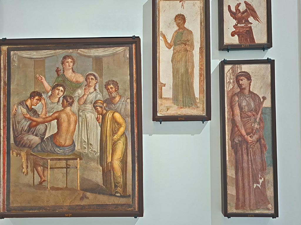Herculaneum Augusteum. April 2023. Painting from lower row, on left, showing Admetus and Alcestis, inv. 9027.
Painting from lower row, on right, showing Medea, inv. 8976.
Upper centre is a painting of an Offeror with a tray and flowers, inv. 8962.
Upper right is a painting of an eagle, inv. 8777.
On display in “Campania Romana” gallery in Naples Archaeological Museum.  Photo courtesy of Giuseppe Ciaramella.
