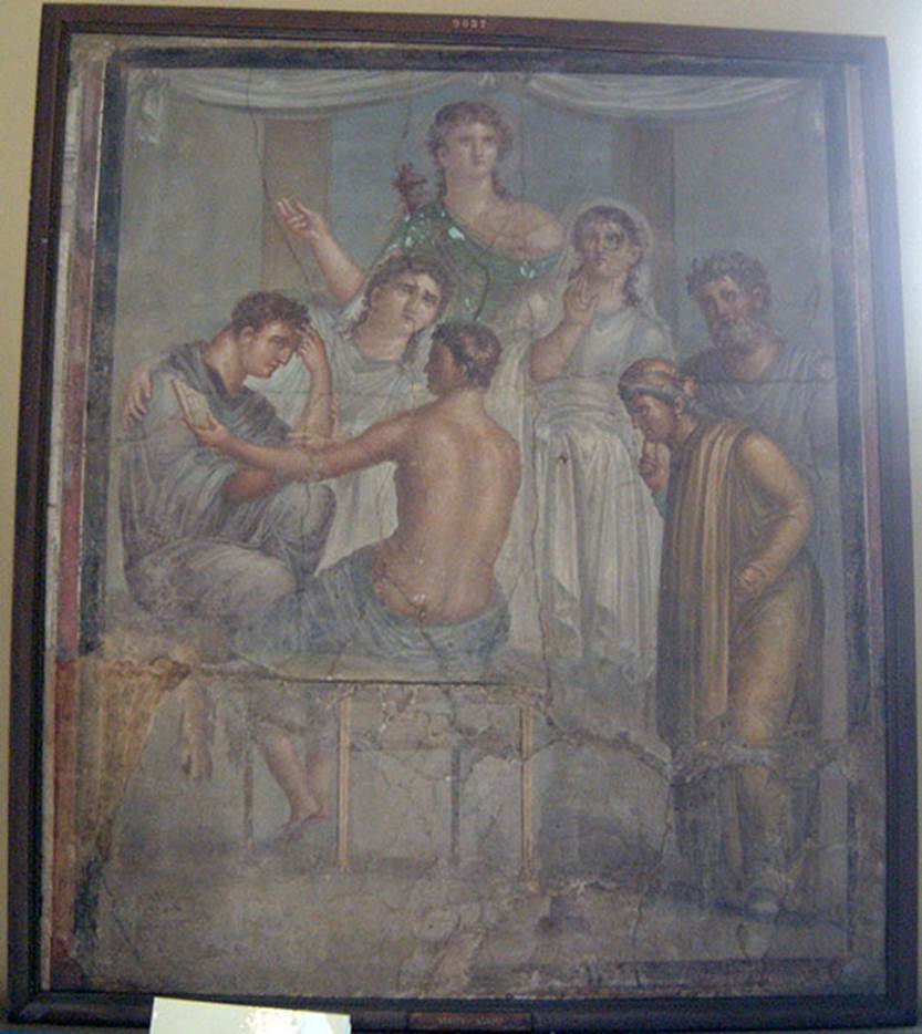 Herculaneum Augusteum. Found 25/11/1739, in Resina. Alcestis and Admetus.
Now in Naples Archaeological Museum. Inventory number 9027.
Photo courtesy of Current Archaeology.
See Le Antichita di Ercolano esposte Tomo 1, Le Pitture Antiche di Ercolano 1, 1757, Tav 11, p.55.
