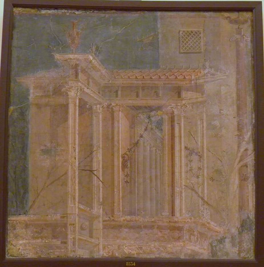 Herculaneum Augusteum. Found 31/10/1739. Architectural scene.
Now in Naples Archaeological Museum. Inventory number 8534.
See Le Antichità di Ercolano esposte Tomo 1, Le Pitture Antiche di Ercolano 1, 1757, Tav 43, 227. 

