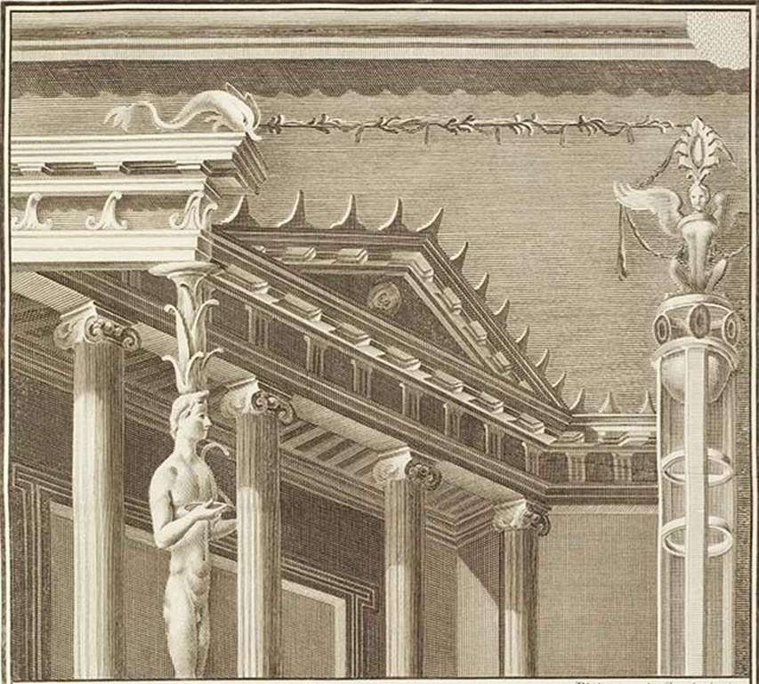 Herculaneum Augusteum. Found 1st September 1761. Drawing of architectural scene showing caryatid, winged sphinx and dolphin.
Now in Naples Archaeological Museum. Inventory number 8540.
See Le Antichità di Ercolano esposte Tomo 3, Le Pitture Antiche di Ercolano 3, 1762, Tav 59, 313.

