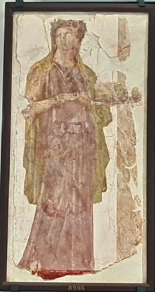 Herculaneum Augusteum. Found 14th November 1739. Priestess.
Now in Naples Archaeological Museum. Inventory number 8903.
See Le Antichità di Ercolano esposte Tomo 4, Le Pitture Antiche di Ercolano 4, 1765, Tav 1, 1. 

