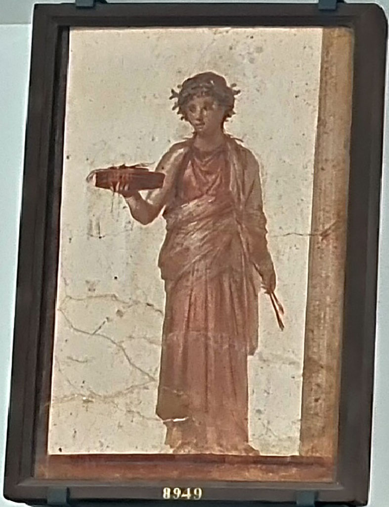 Herculaneum Augusteum. Found 29/1/1746. Assistant.
Now in Naples Archaeological Museum. Inventory number 8949.
See Le Antichità di Ercolano esposte Tomo 2, Le Pitture Antiche di Ercolano 2, 1760, Tav. 31, p.187.
