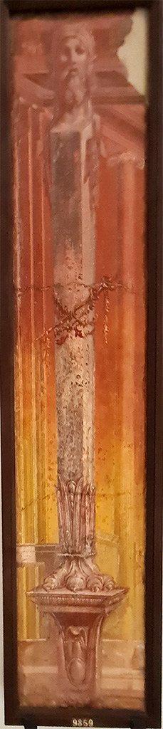 Herculaneum Augusteum. 
Found 15th June 1748. Fresco of a herm.
Now in Naples Archaeological Museum. Inventory number 9859.
See Le Antichità di Ercolano esposte Tomo 4, Le Pitture Antiche di Ercolano 4, 1765, Tav 1, 1. 
