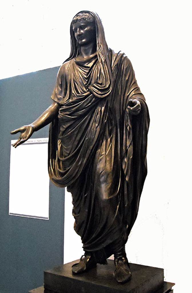 Herculaneum Augusteum. Toga statue of Tiberius, found 30.8.1741.
Now in Naples Archaeological Museum. Inventory number 5615.
This was allegedly found in the theatre, but there were no excavations being carried out there at the time of the finding.
