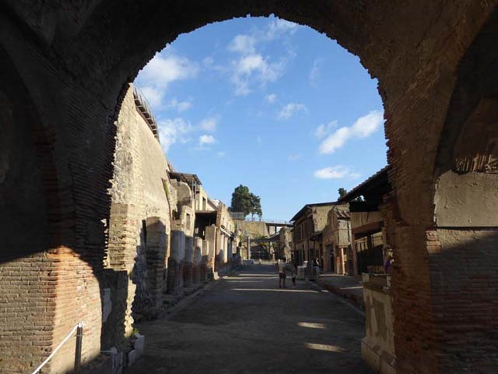 Herculaneum, September 2015. Looking east from four-sided Arch, along the Decumanus Maximus.  Photo courtesy of Michael Binns. 
