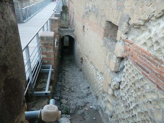Herculaneum, September 2015. Looking south along ramp originally leading down to lower levels and/or beachfront, on east side of II.1 Casa di Aristide.