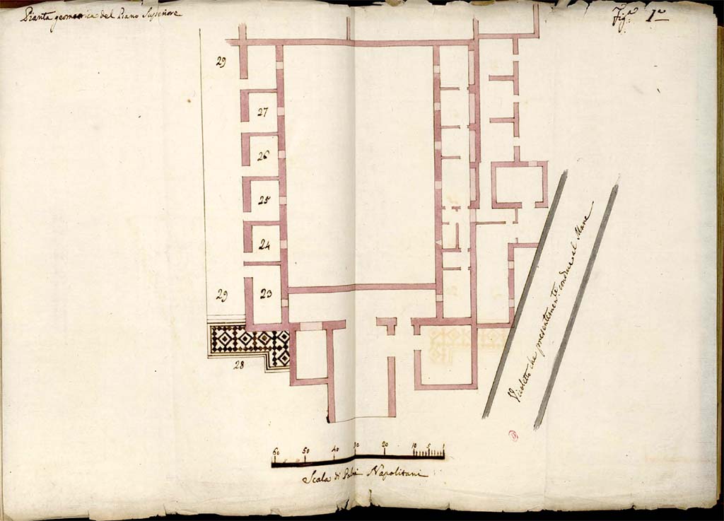 II.2 Herculaneum, c.1819 and 1832. Plan of upper level of house, with site of “small road leading to the sea” (Vico Mare) on right.
In the lower left-hand corner is a drawing of a mosaic floor from the upper level.
See Gell, W. Pompeii unpublished [Dessins de l'édition de 1832 donnant le résultat des fouilles post 1819 (?)] vol II, pl. 22 verso.
Bibliothèque de l'Institut National d'Histoire de l'Art, collections Jacques Doucet, Identifiant numérique Num MS180 (2).
See book in INHA Use Etalab Licence Ouverte
