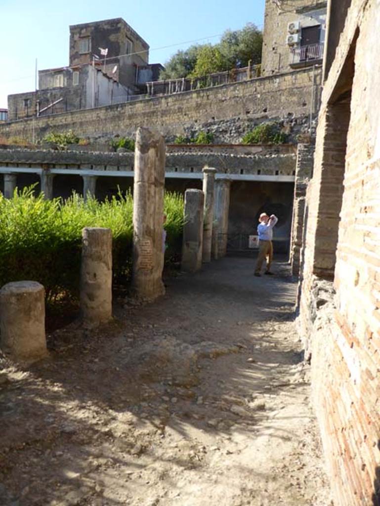 II.2 Herculaneum, September 2015. Looking west along north portico.
The Via Mare with its houses is above the west portico.  
II.2 Herculaneum, September 2015. Looking west along north portico.
The Via Mare with its houses is above the west portico.  

