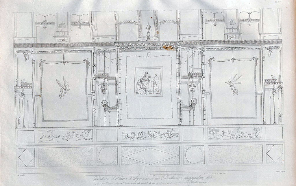 II.2 Herculaneum,1842, drawing by Zahn. Wall of triclinium, with central painting of Argos, Io and Mercury. 
The background of the wall was black, with only the upper part being white. The zoccolo/plinth/dado was painted as marble of different colours. 
The central painting, as well as the two Victories in the side panels, in fact the whole wall, was very damaged and hardly recognizable.
See Zahn, W., 1842. Die schönsten Ornamente und merkwürdigsten Gemälde aus Pompeji, Herkulanum und Stabiae: II. Berlin: Reimer. (Taf. 83)


